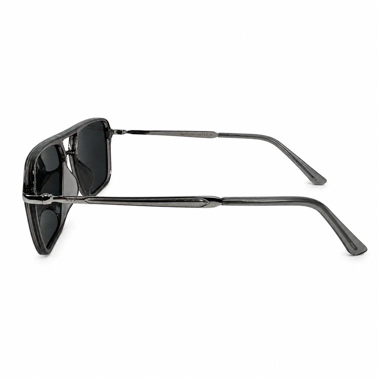 Image of Ray-Ban Style Square Navigator Sunglasses | Translucent Gray Frame, Polarized Dark Lenses & Double Bridge | Men’s Designer Look