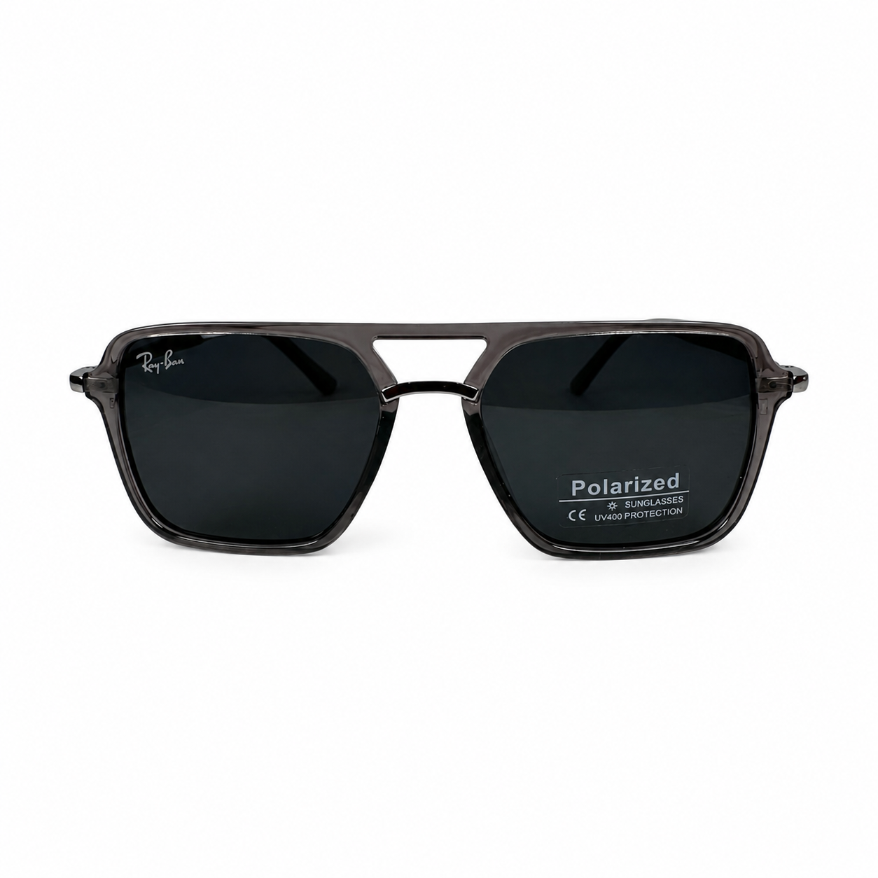 Image of Ray-Ban Style Square Navigator Sunglasses | Translucent Gray Frame, Polarized Dark Lenses & Double Bridge | Men’s Designer Look