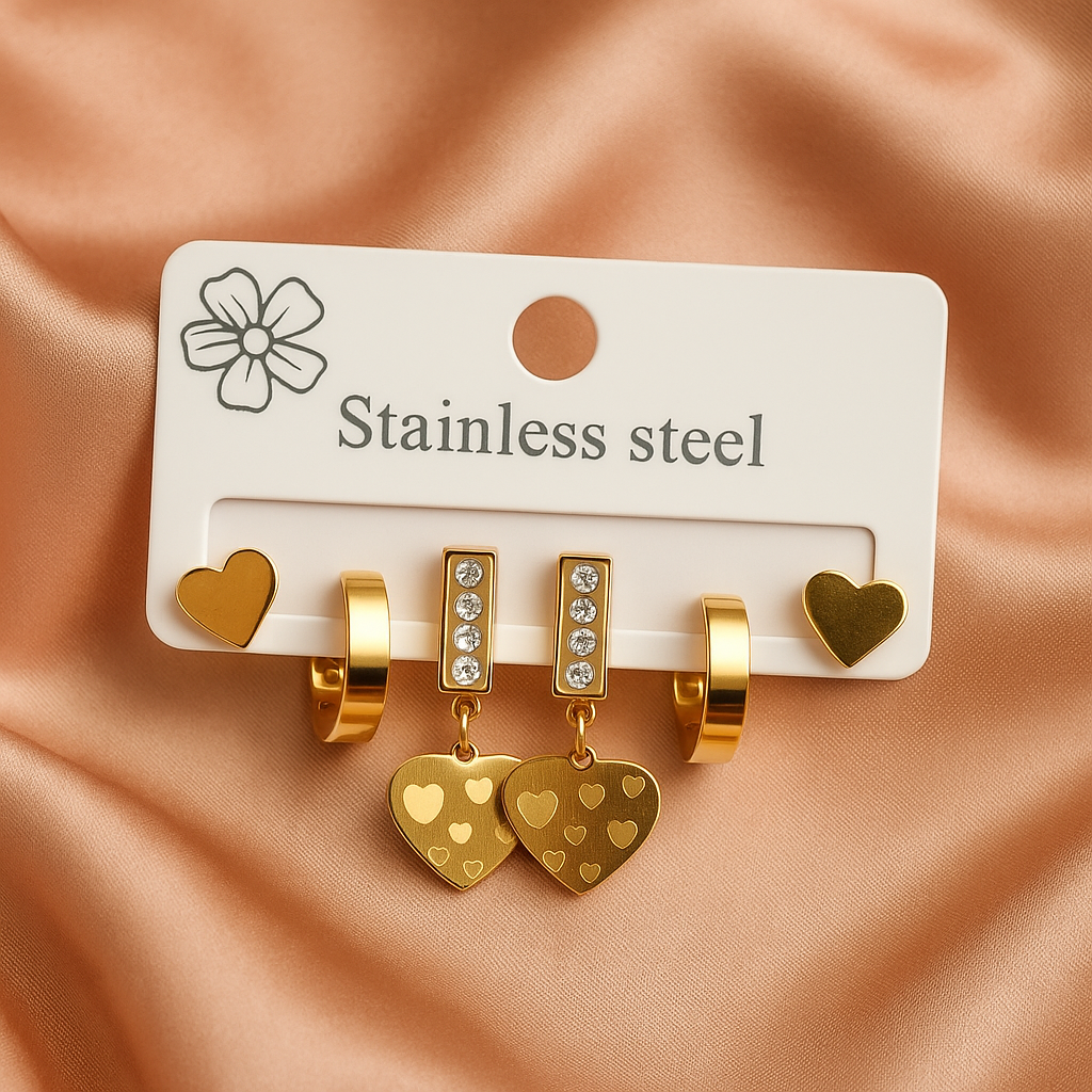 Image of Golden Charm 3-in-1 Stainless Steel Earring Set