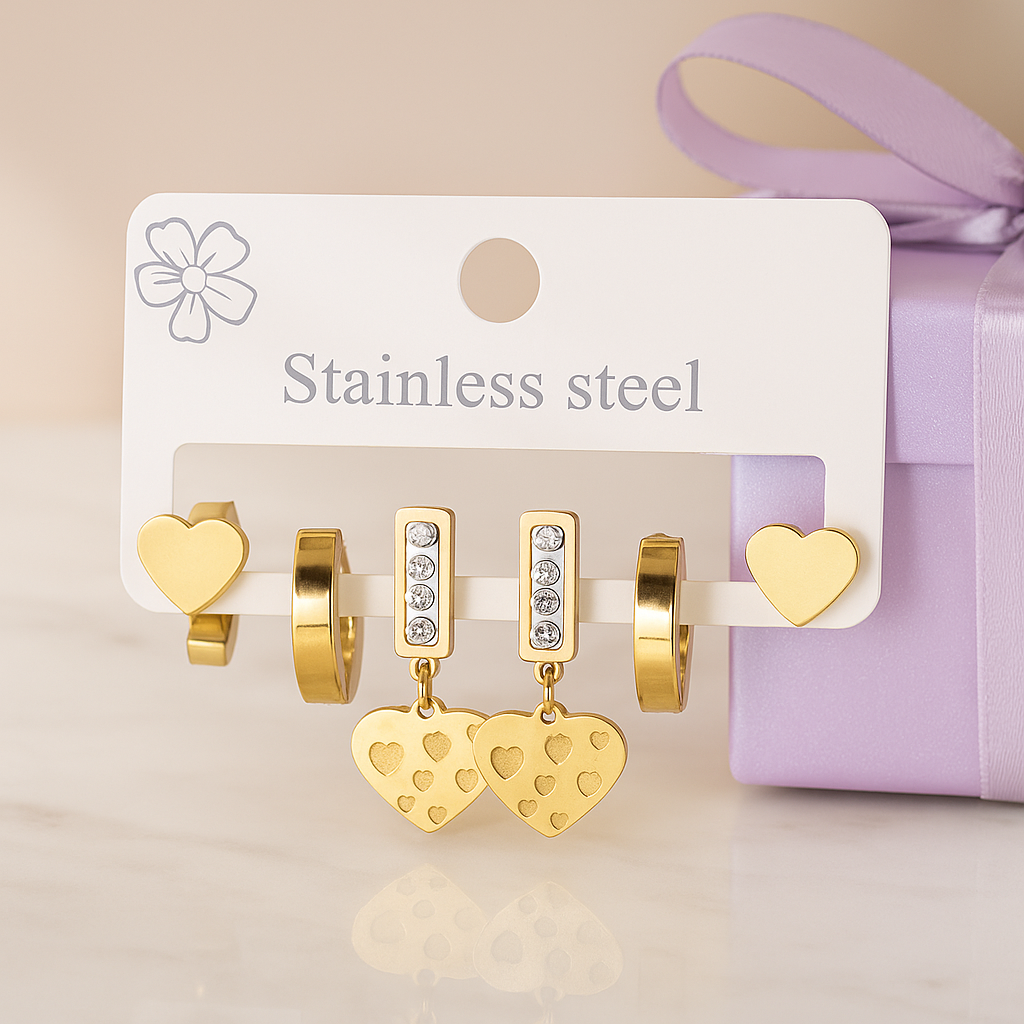 Image of Golden Charm 3-in-1 Stainless Steel Earring Set