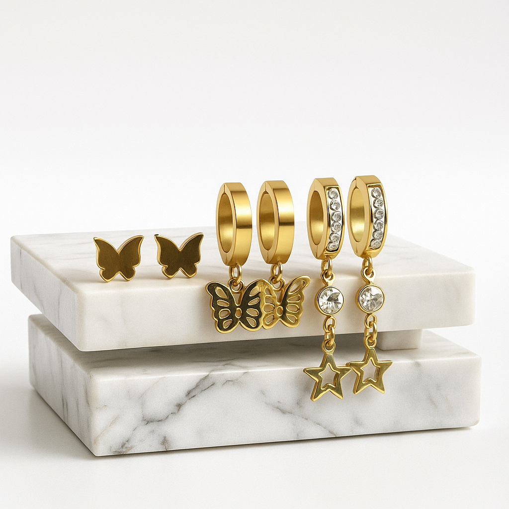 Image of Starlit Wings – 3-in-1 Golden Earring Set with Butterflies & Stars