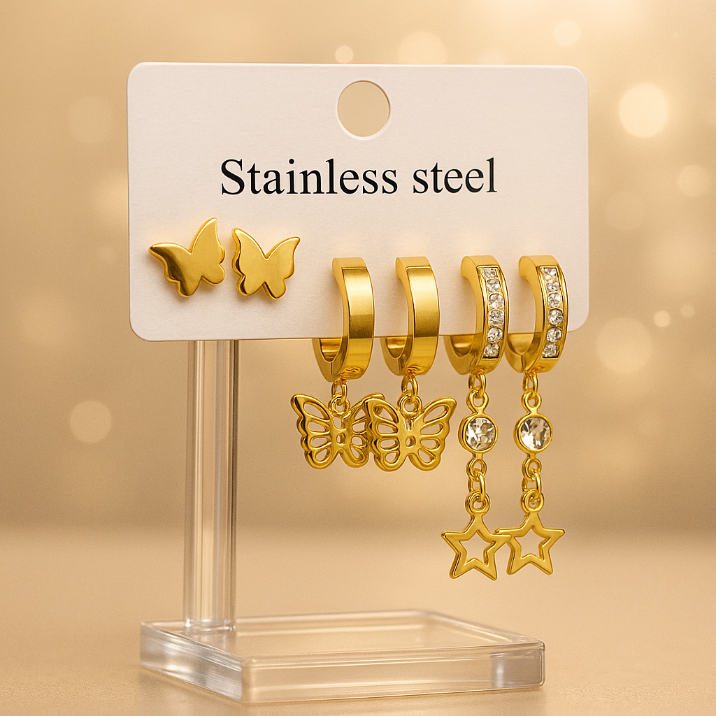 Image of Starlit Wings – 3-in-1 Golden Earring Set with Butterflies & Stars
