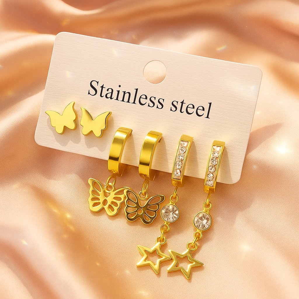 Image of Starlit Wings – 3-in-1 Golden Earring Set with Butterflies & Stars