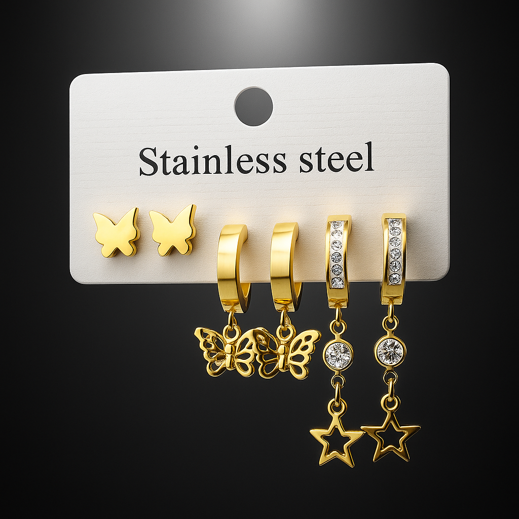Image of Starlit Wings – 3-in-1 Golden Earring Set with Butterflies & Stars
