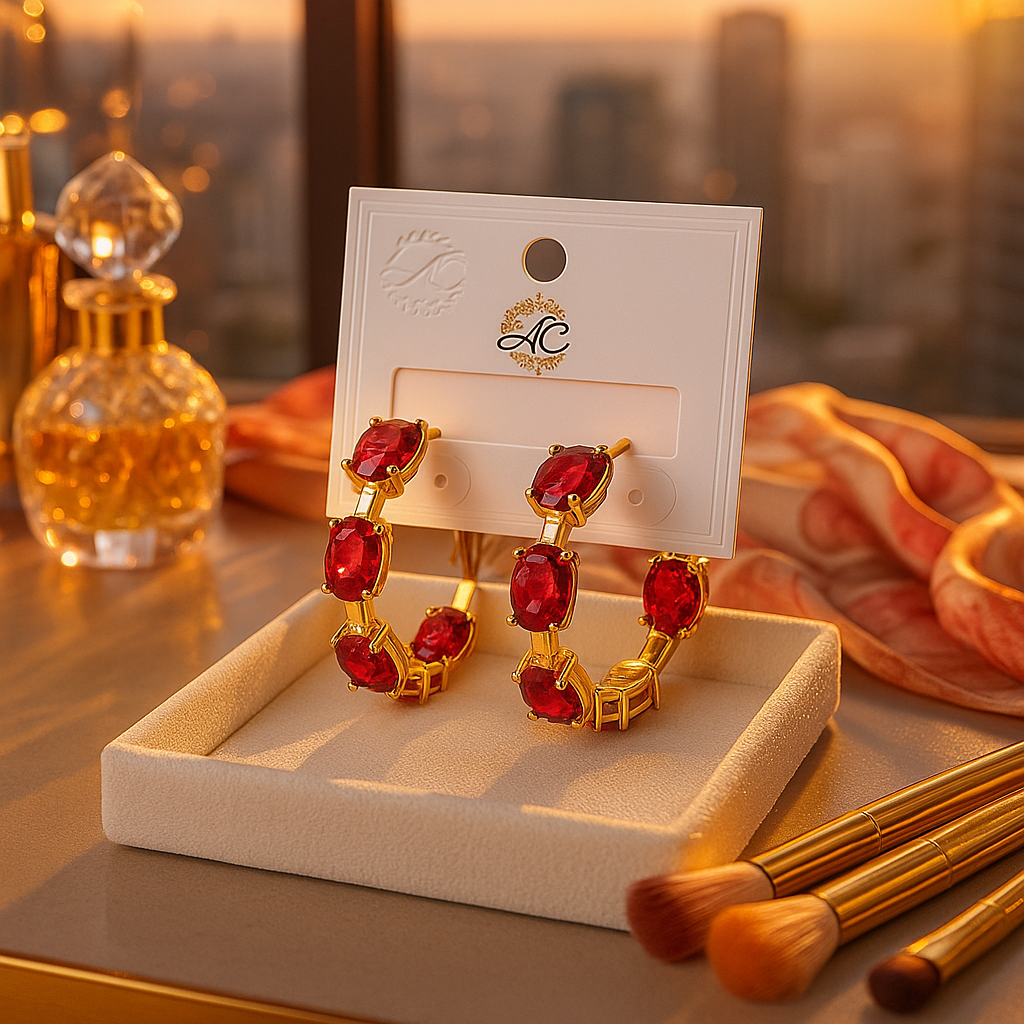 Image of Gold Plated Red Crystal Hoop Earrings for Women – Luxury Party & Wedding Jewelry