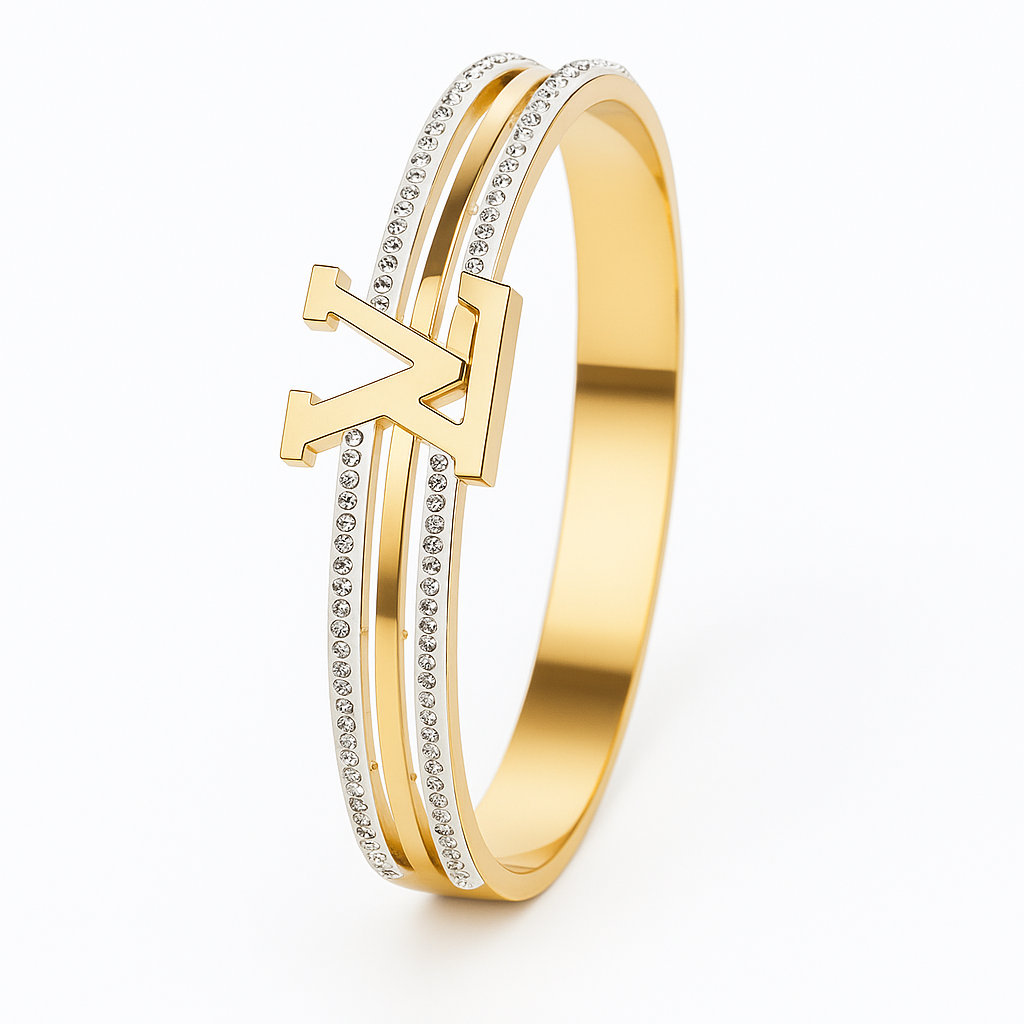 Image of Luxury Gold Crystal Monogram Bangle Bracelet for Women – Designer-Inspired Statement Cuff