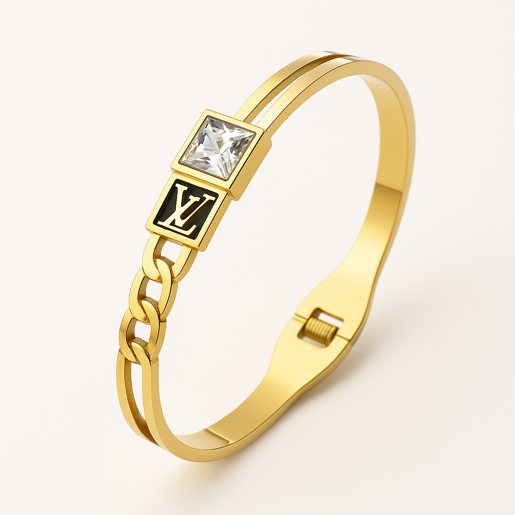 Image of Luxury Gold Plated Designer-Style Chain Cuff Bracelet with Square Crystal Detail