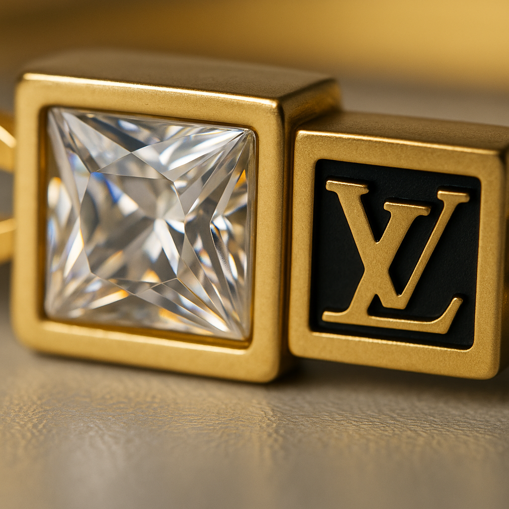 Image of Luxury Gold Plated Designer-Style Chain Cuff Bracelet with Square Crystal Detail