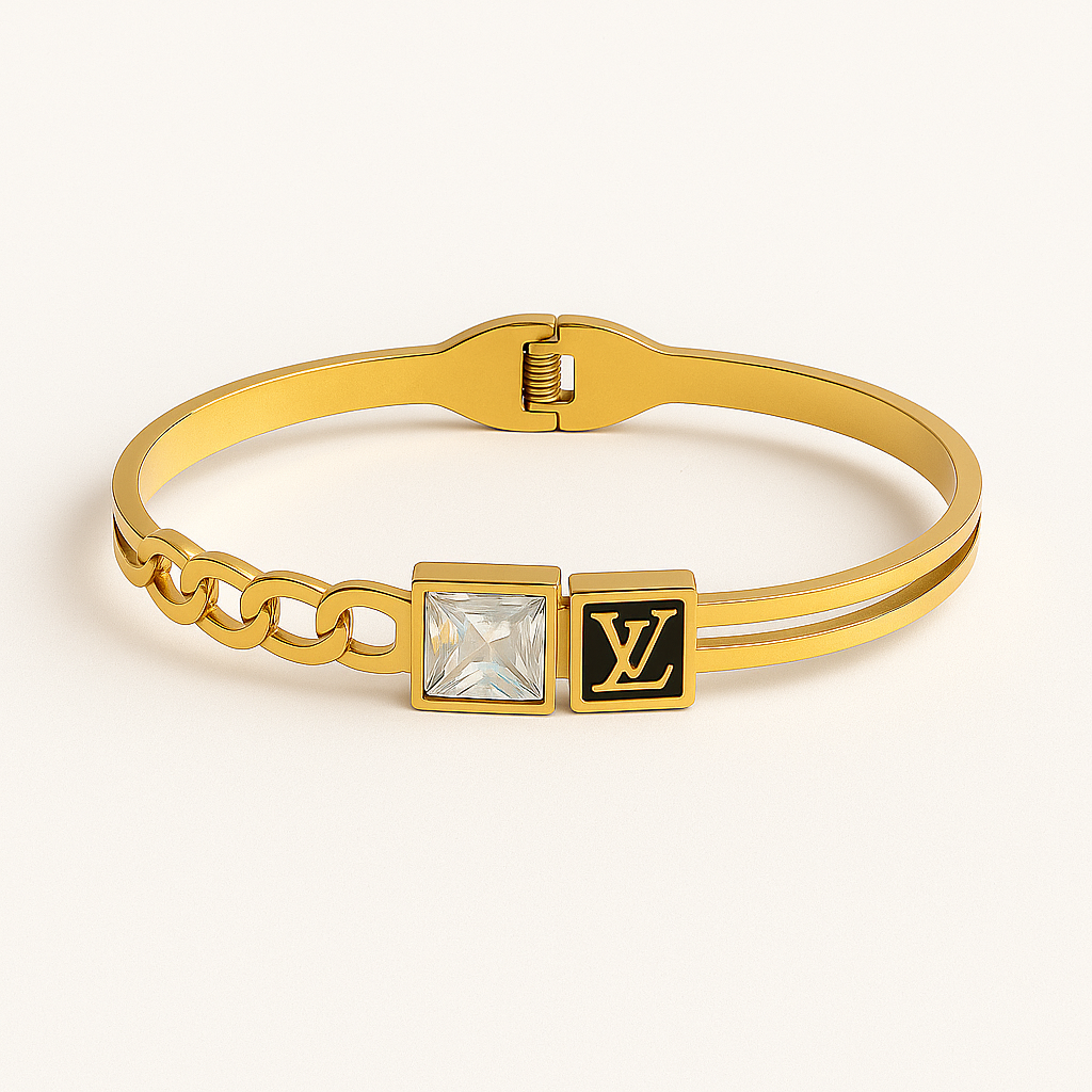 Image of Luxury Gold Plated Designer-Style Chain Cuff Bracelet with Square Crystal Detail