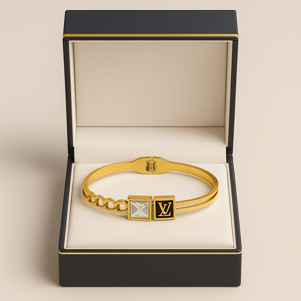 Image of Luxury Gold Plated Designer-Style Chain Cuff Bracelet with Square Crystal Detail