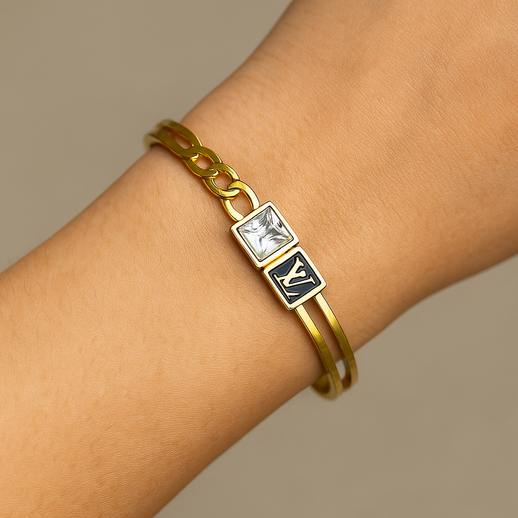 Image of Luxury Gold Plated Designer-Style Chain Cuff Bracelet with Square Crystal Detail