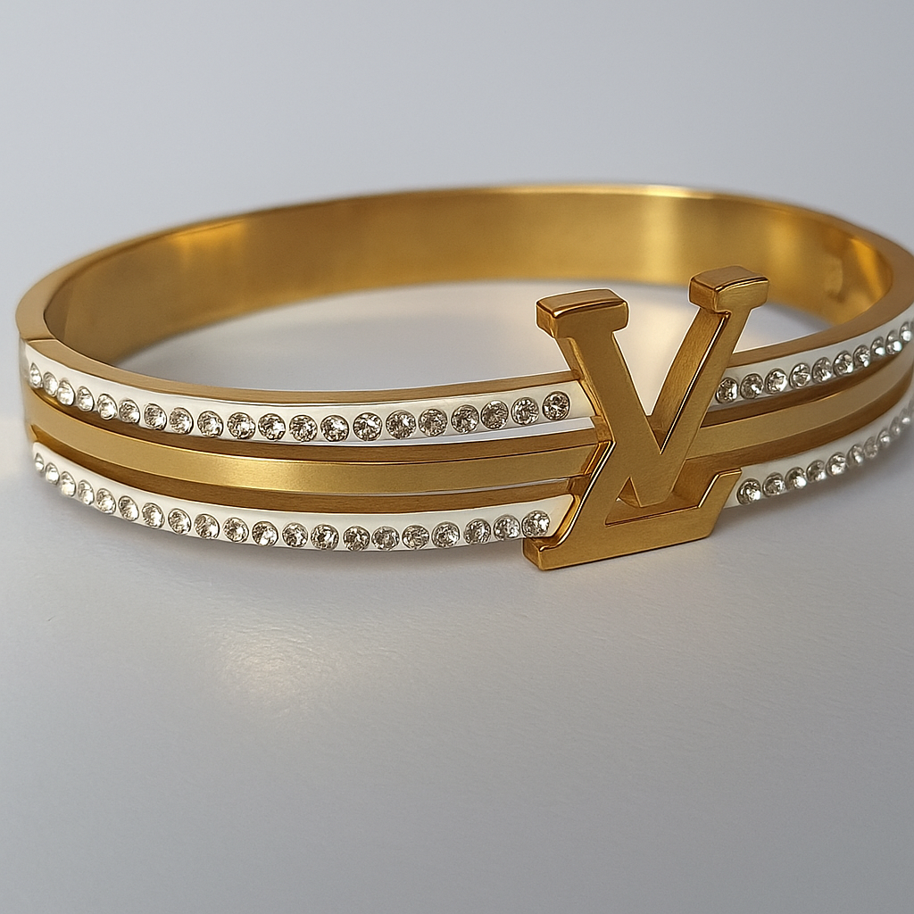 Image of Luxury Gold Crystal Monogram Bangle Bracelet for Women – Designer-Inspired Statement Cuff