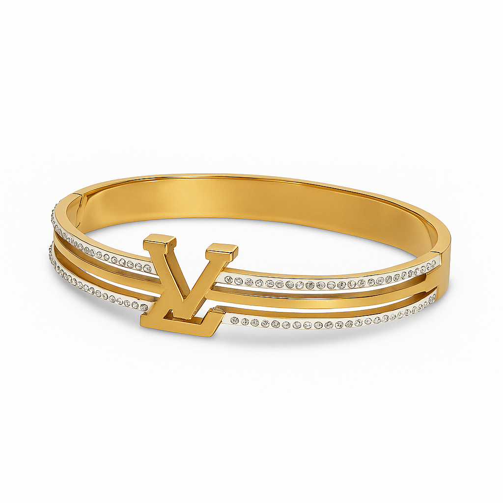Image of Luxury Gold Crystal Monogram Bangle Bracelet for Women – Designer-Inspired Statement Cuff