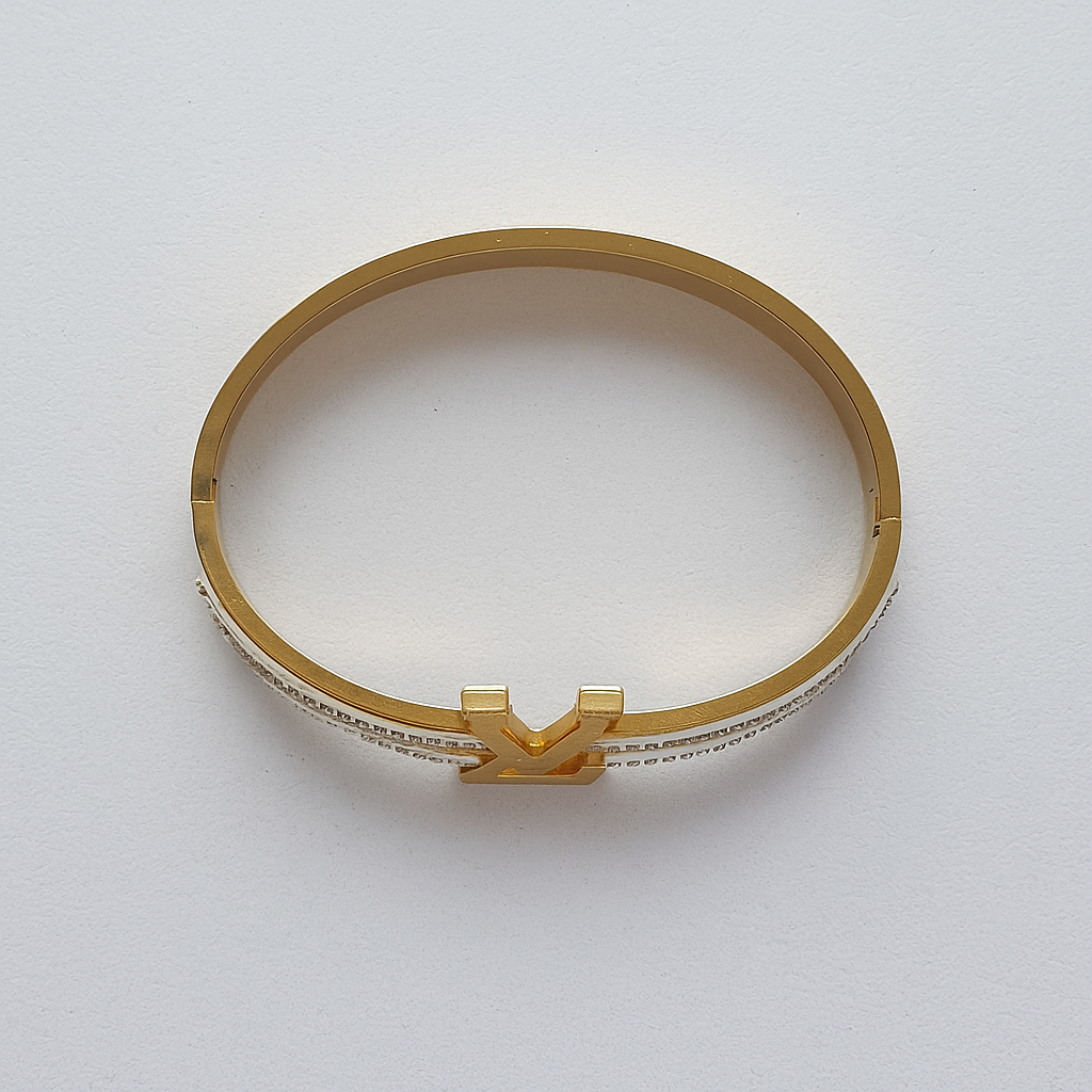 Image of Luxury Gold Crystal Monogram Bangle Bracelet for Women – Designer-Inspired Statement Cuff