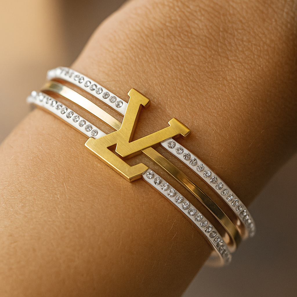 Image of Luxury Gold Crystal Monogram Bangle Bracelet for Women – Designer-Inspired Statement Cuff