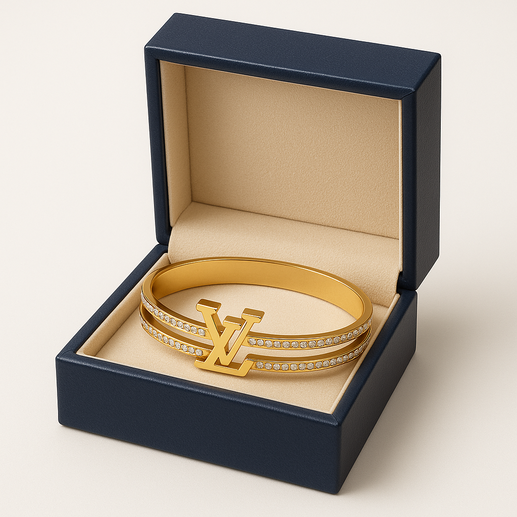 Image of Luxury Gold Crystal Monogram Bangle Bracelet for Women – Designer-Inspired Statement Cuff