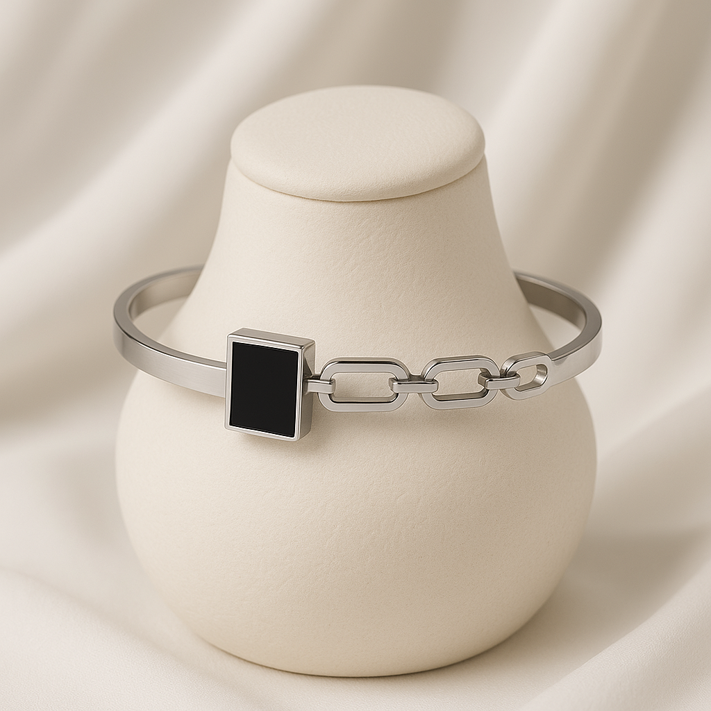 Image of Silver Bracelet with Square Black Stone