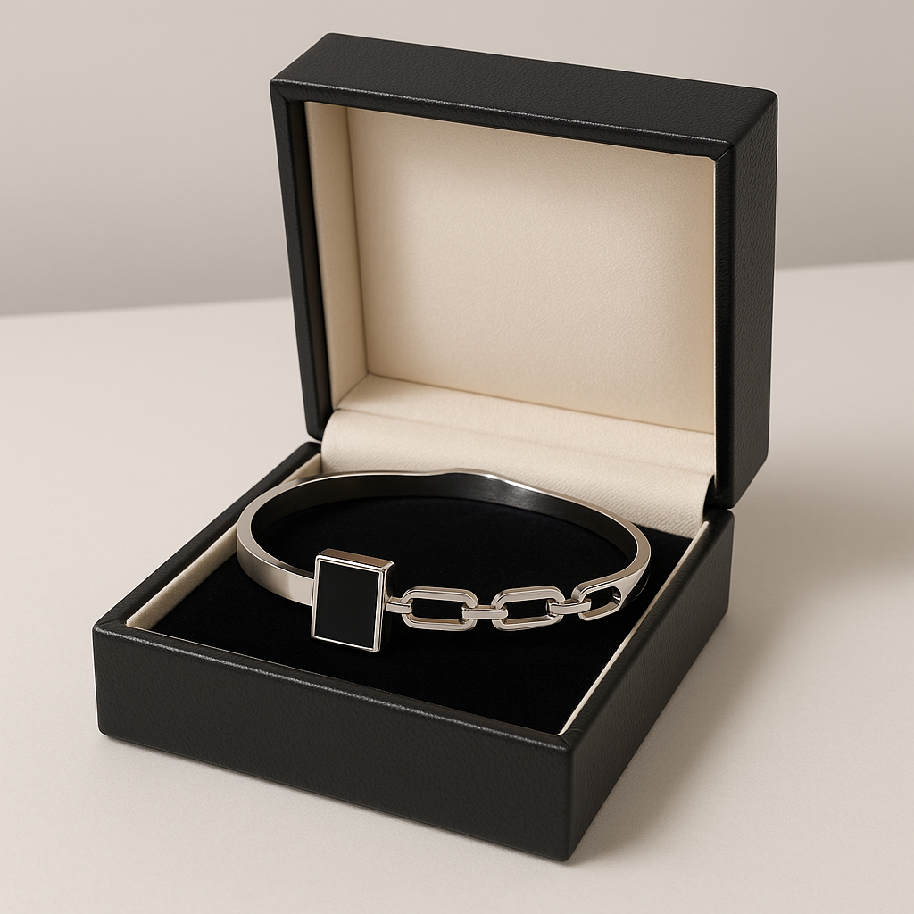 Image of Silver Bracelet with Square Black Stone