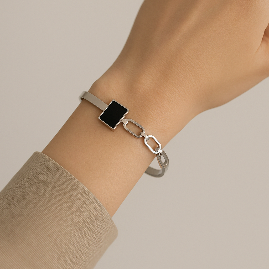 Image of Silver Bracelet with Square Black Stone