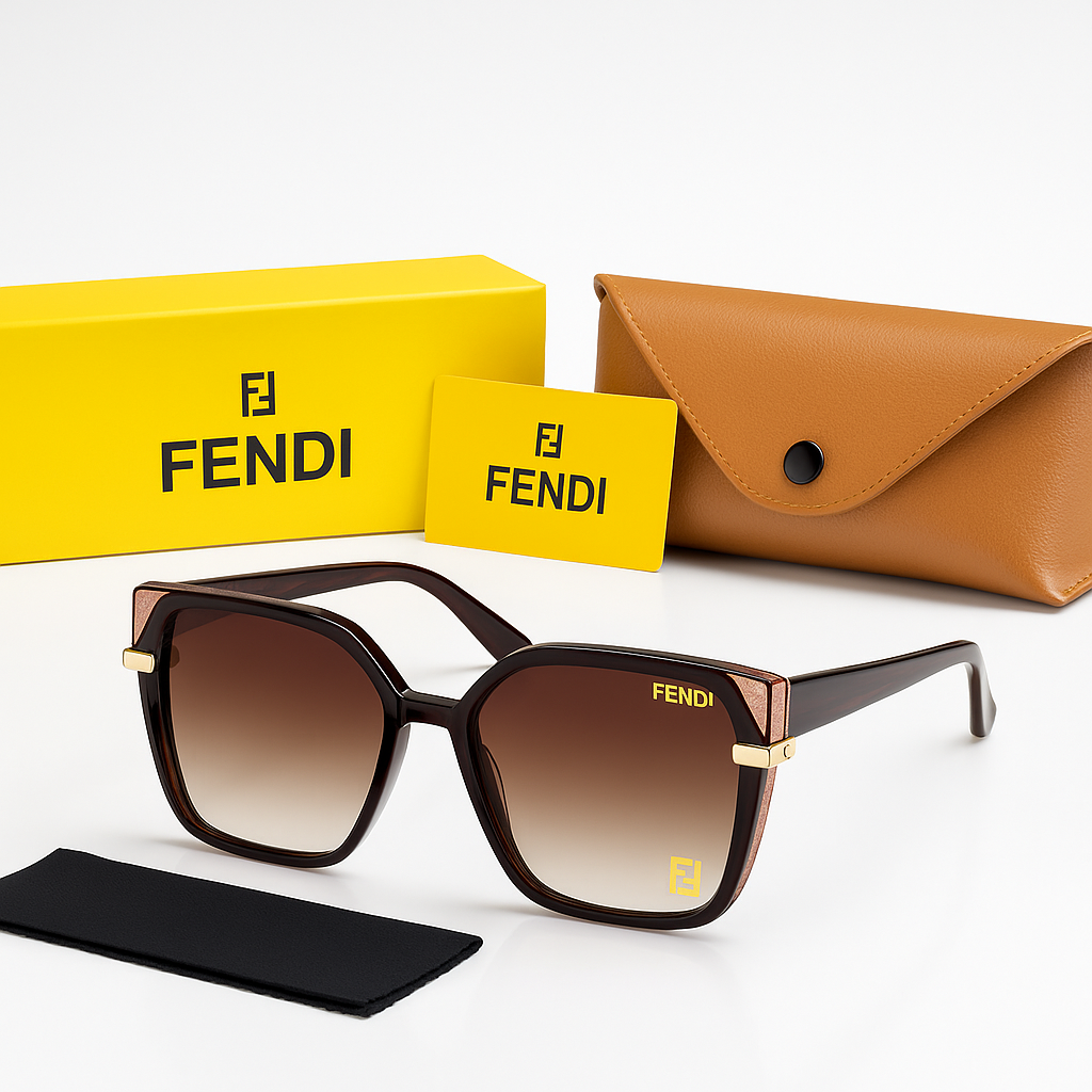 Image of Fendi Oversized Square Brown Sunglasses with Gold Logo Details