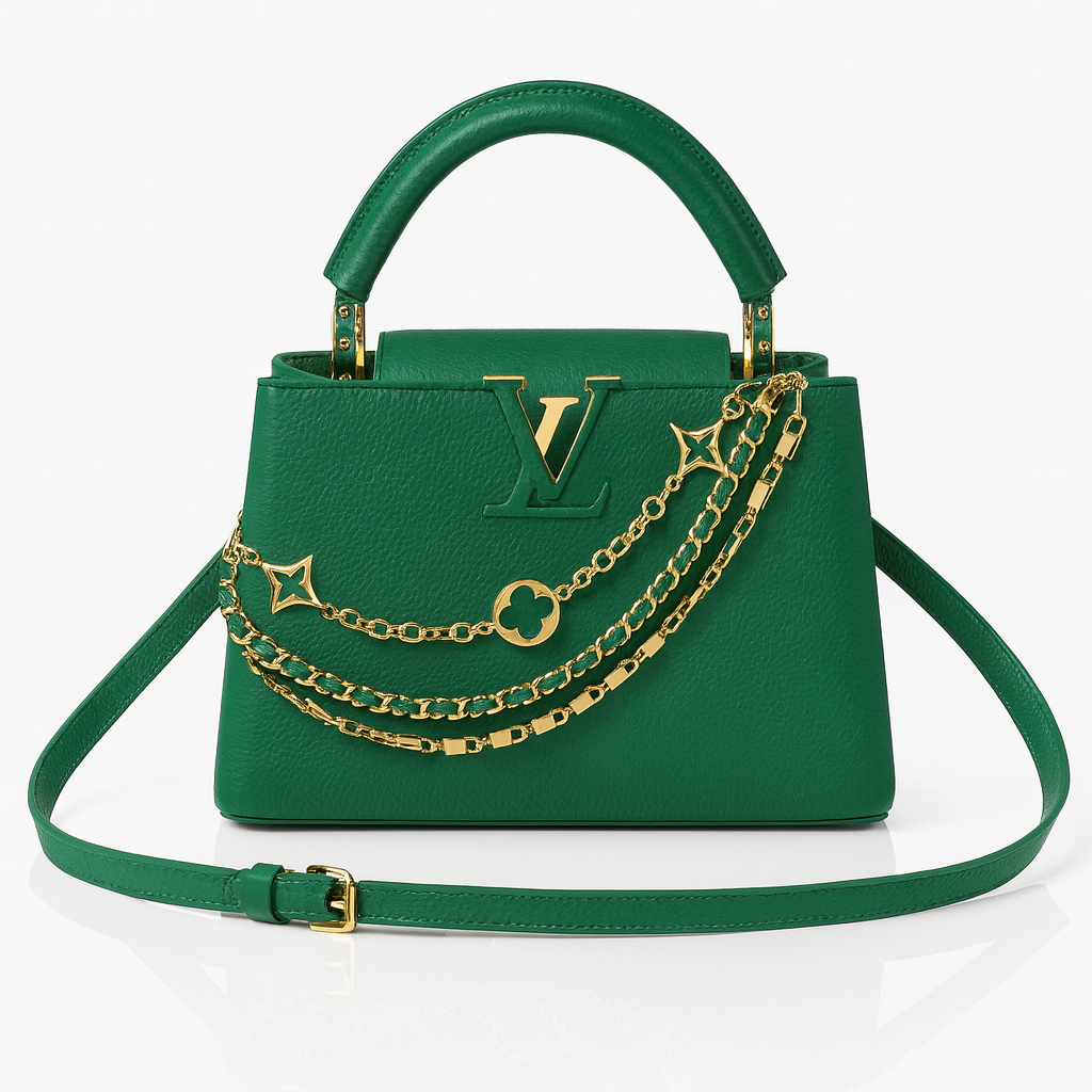 Image of Luxury Green Designer Handbag with Gold Chain
