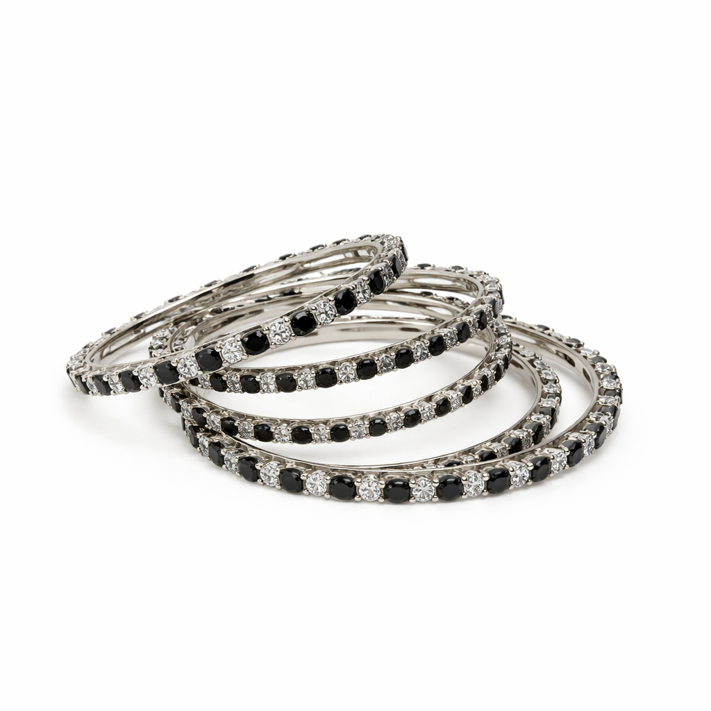 Image of Midnight Luxe Black & White Crystal Silver Bangles Set