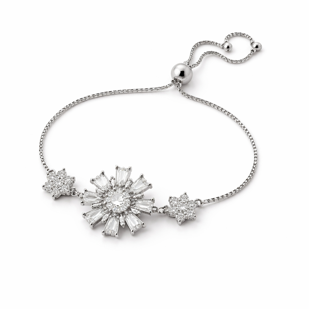 Image of Luxury Silver Floral Crystal Adjustable Bracelet for Women – Elegant Party Wear Jewelry