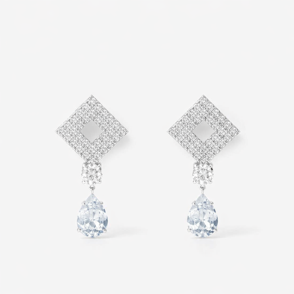 Image of Luxury Geometric Crystal Drop Earrings for Women – Silver Tone