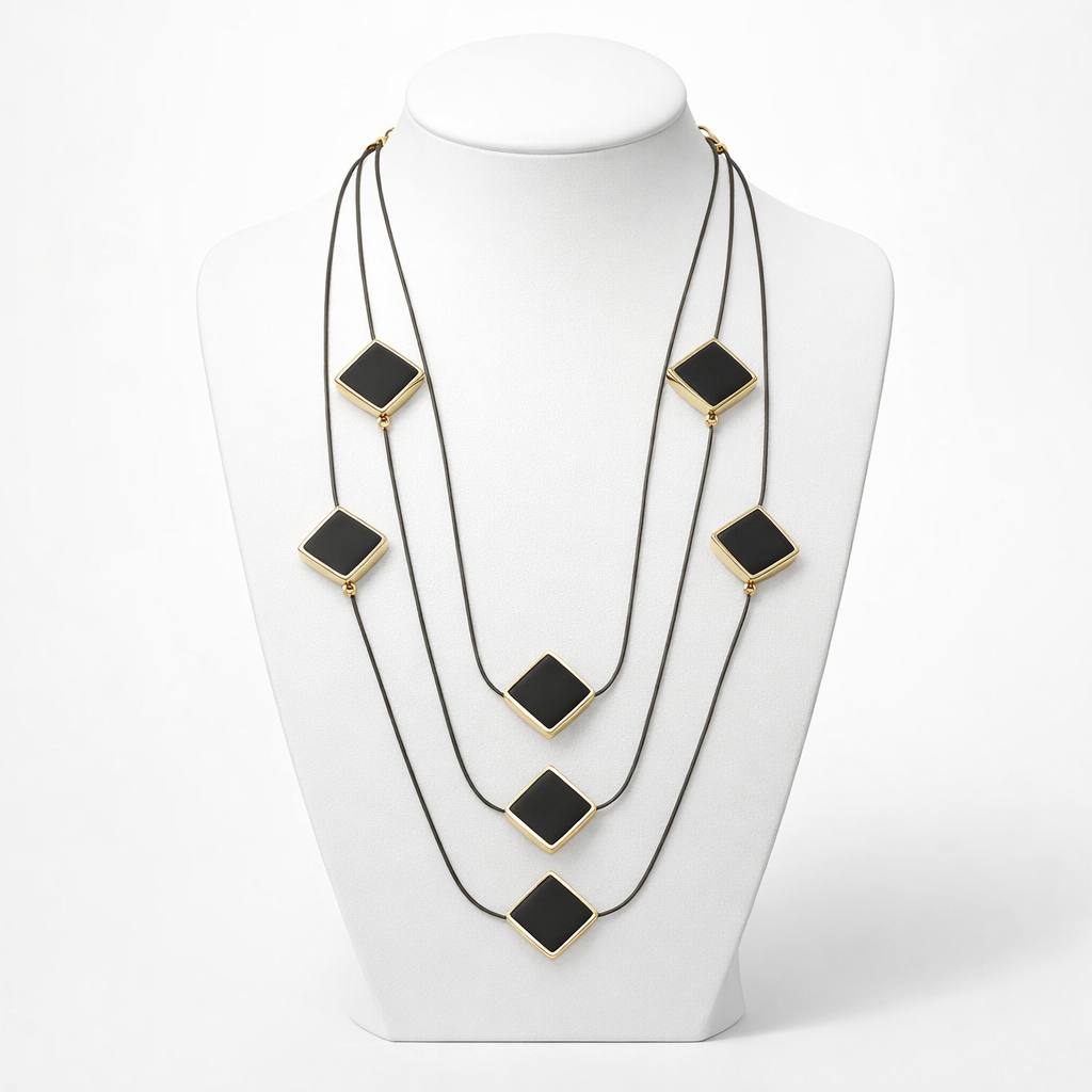 Image of Elegant Multi-Layer Black Square Accent Necklace