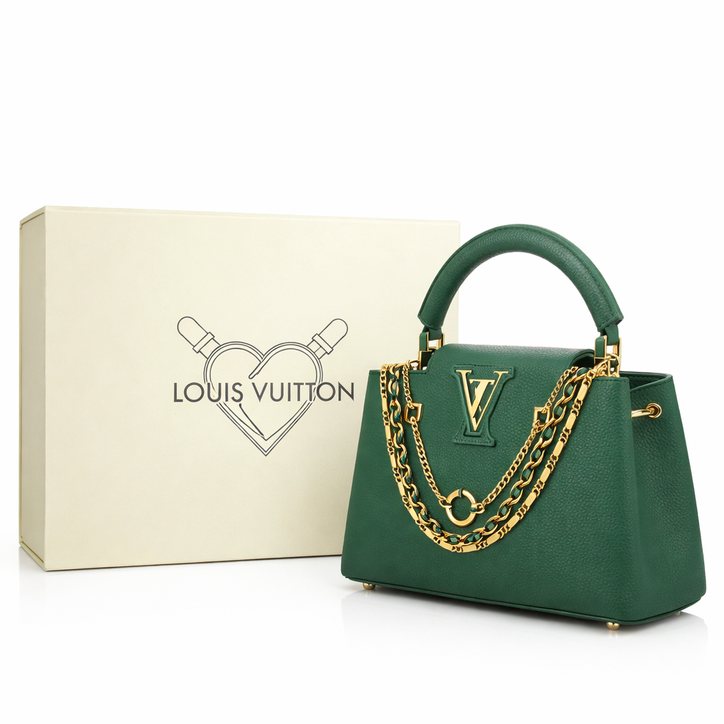 Image of Luxury Green Designer Handbag with Gold Chain
