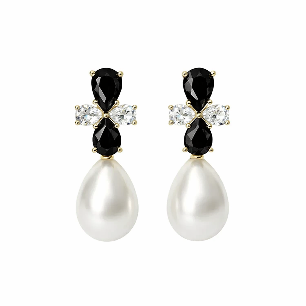 Image of Royal Teardrop Pearl Statement Earrings – Sapphire Blue Crystal & Gold Finish