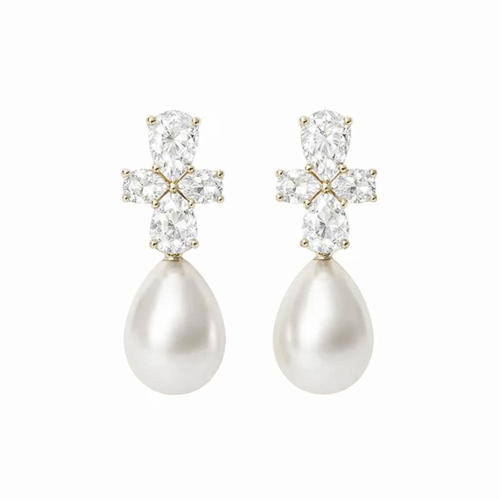 Image of Royal Teardrop Pearl Statement Earrings – Sapphire Blue Crystal & Gold Finish