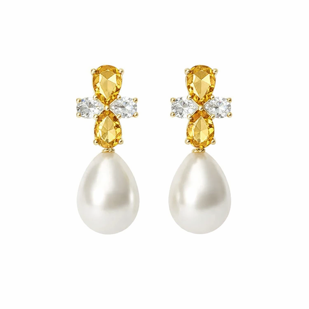 Image of Royal Teardrop Pearl Statement Earrings – Sapphire Blue Crystal & Gold Finish