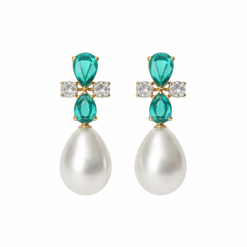 Image of Royal Teardrop Pearl Statement Earrings – Sapphire Blue Crystal & Gold Finish