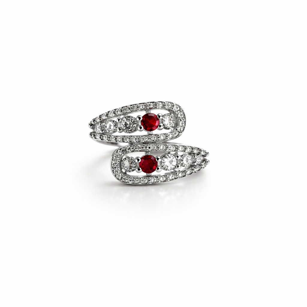 Image of Luxury Silver-Tone Spiral Ring with Coloured Stones for Women