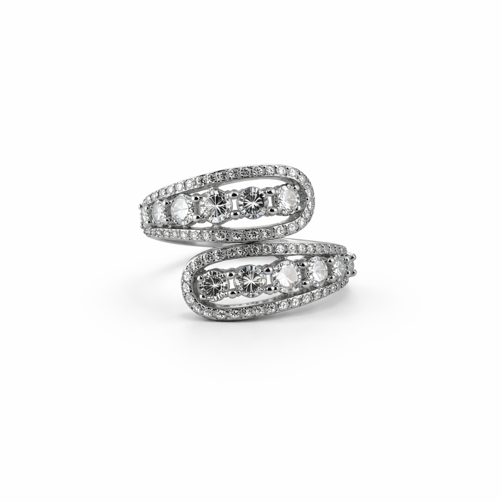 Image of Luxury Silver-Tone Spiral Ring with Coloured Stones for Women