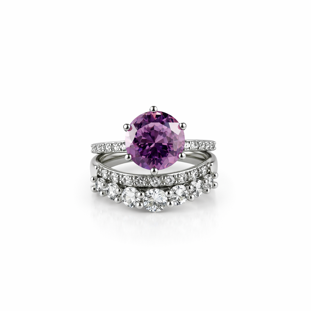 Image of Elegant Dual Band Round Stone Ring – Luxury Silver Finish for Women