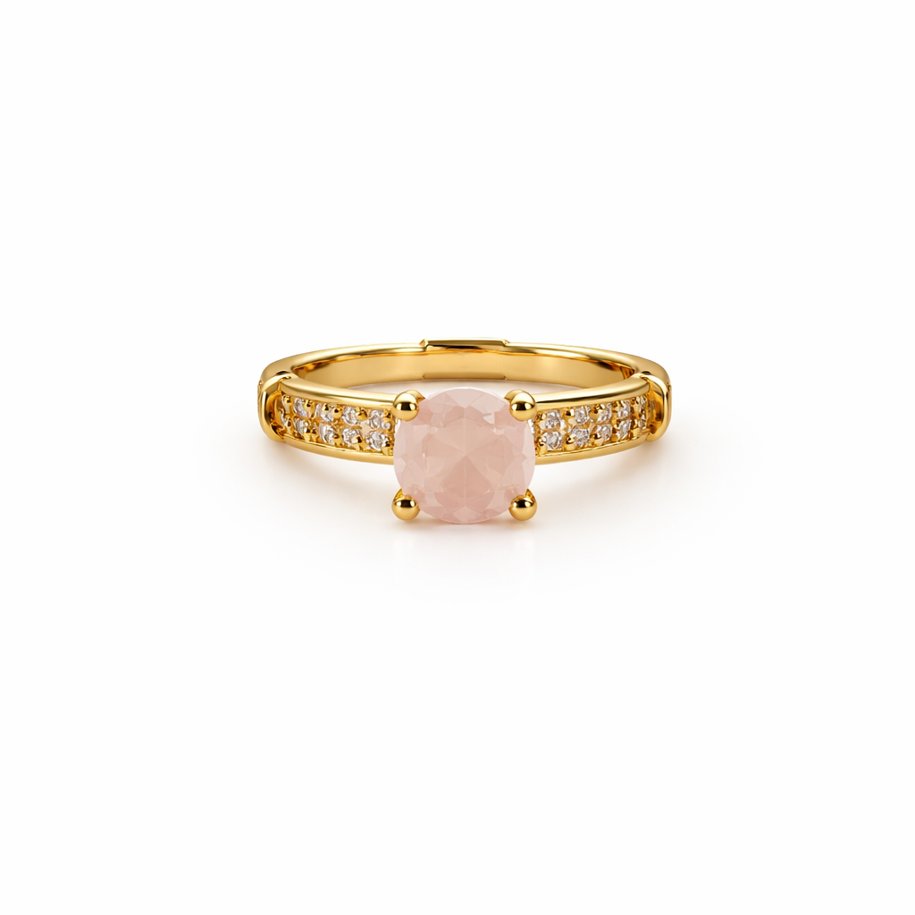 Image of Luxury Gold-Tone Solitaire Ring with Sparkling Side Accents for Women