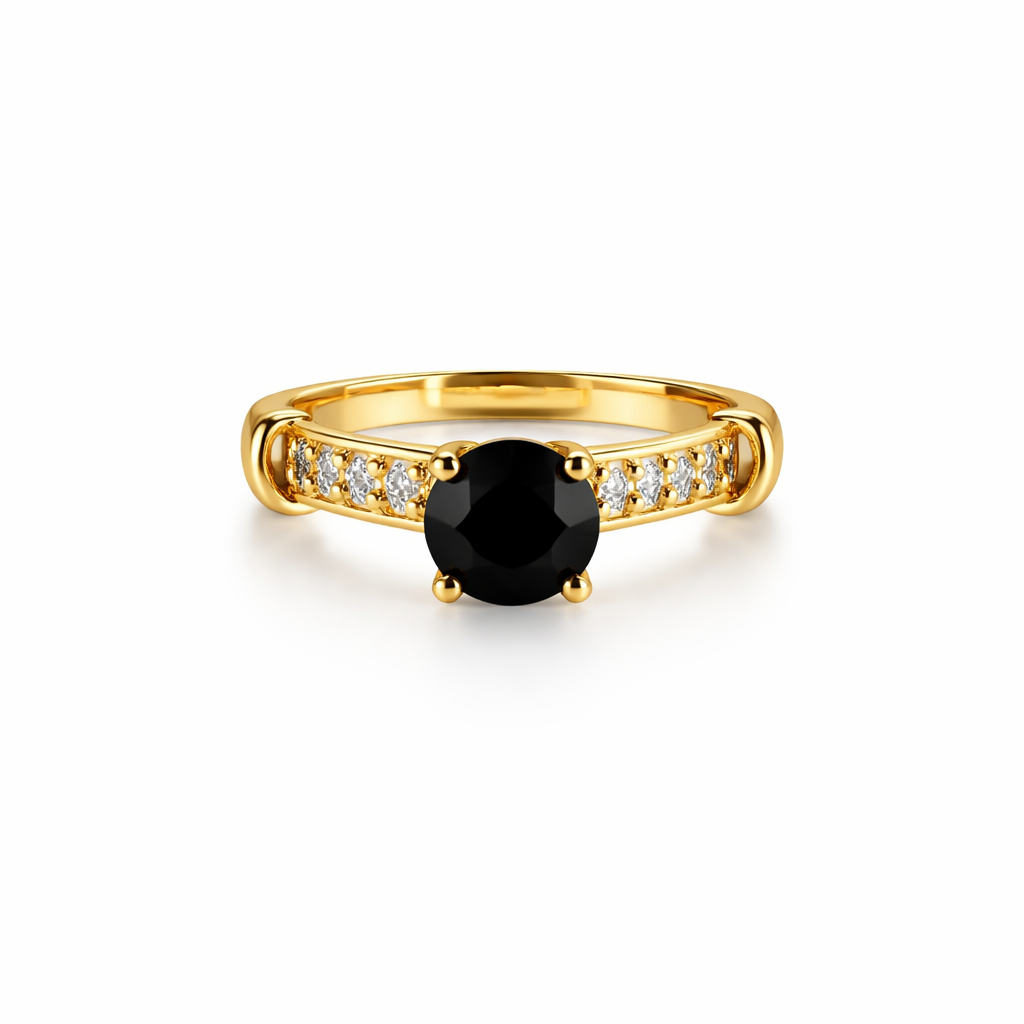 Image of Luxury Gold-Tone Solitaire Ring with Sparkling Side Accents for Women