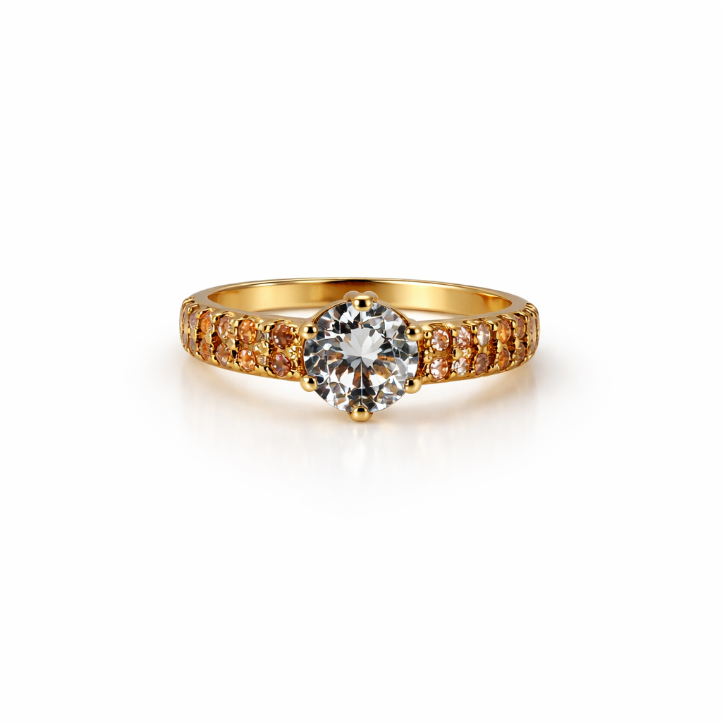 Image of Elegant Gold Plated Solitaire Ring with Paved Crystal Band – Adjustable Women’s Ring