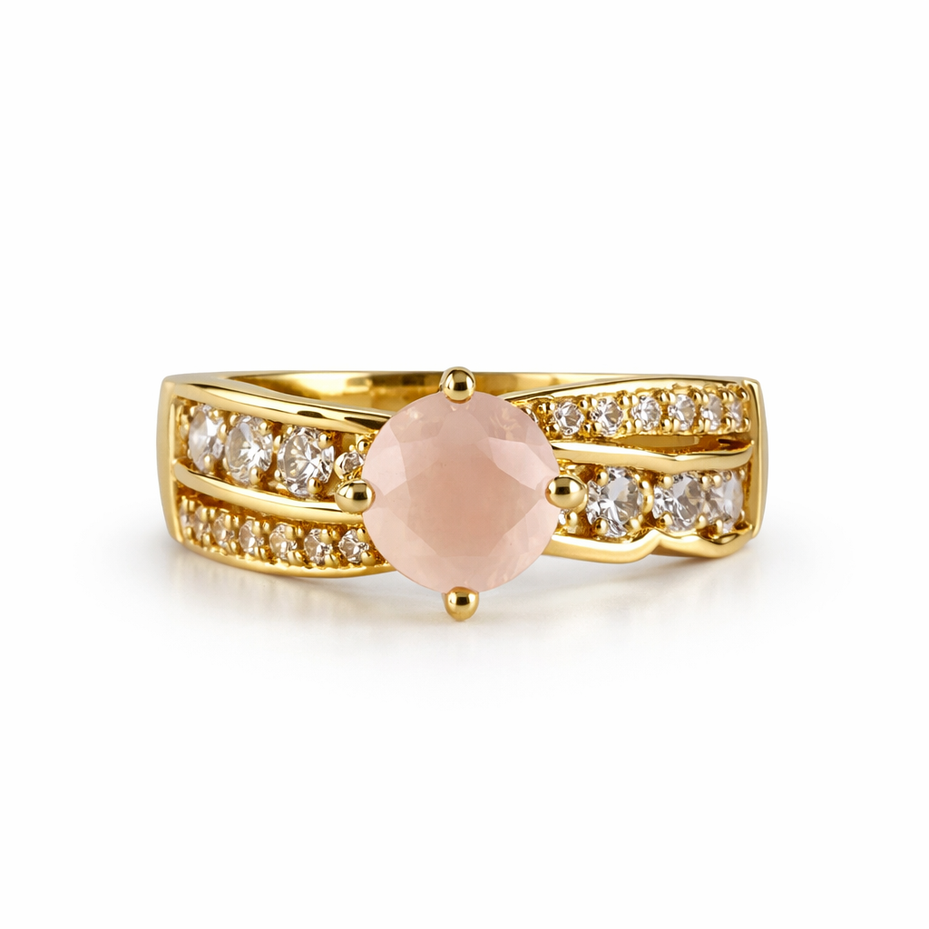 Image of Luxury Gold-Tone Solitaire Ring with Pavé Stones – Multiple Gemstone Colors