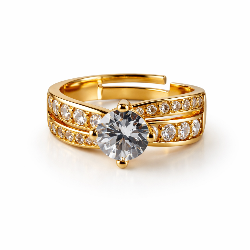 Image of Luxury Gold-Tone Solitaire Ring with Pavé Stones – Multiple Gemstone Colors