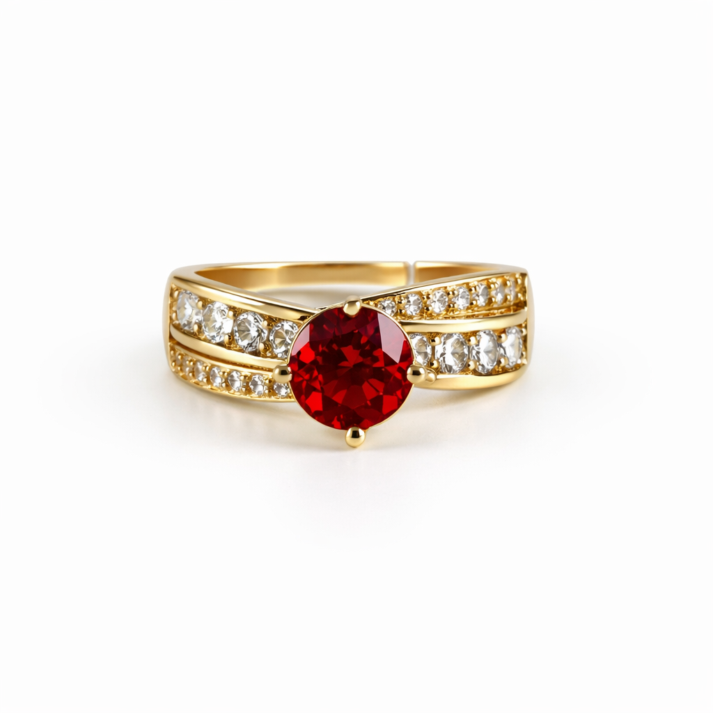 Image of Luxury Gold-Tone Solitaire Ring with Pavé Stones – Multiple Gemstone Colors