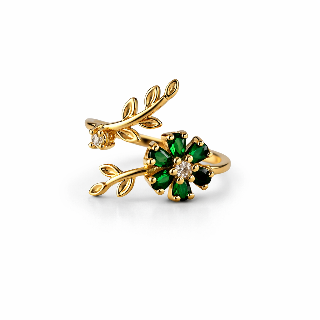 Image of Elegant Gold Floral Adjustable Ring with Halo Crystal Design