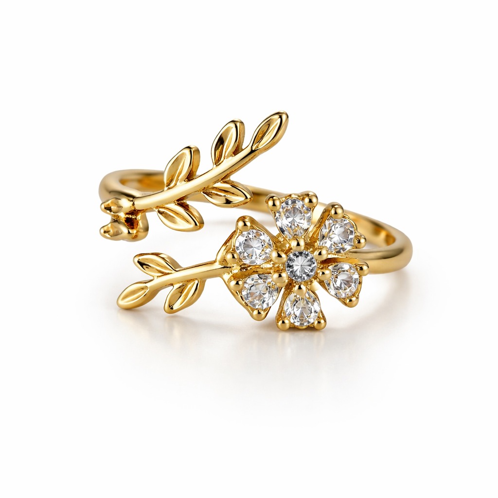 Image of Elegant Gold Floral Adjustable Ring with Halo Crystal Design
