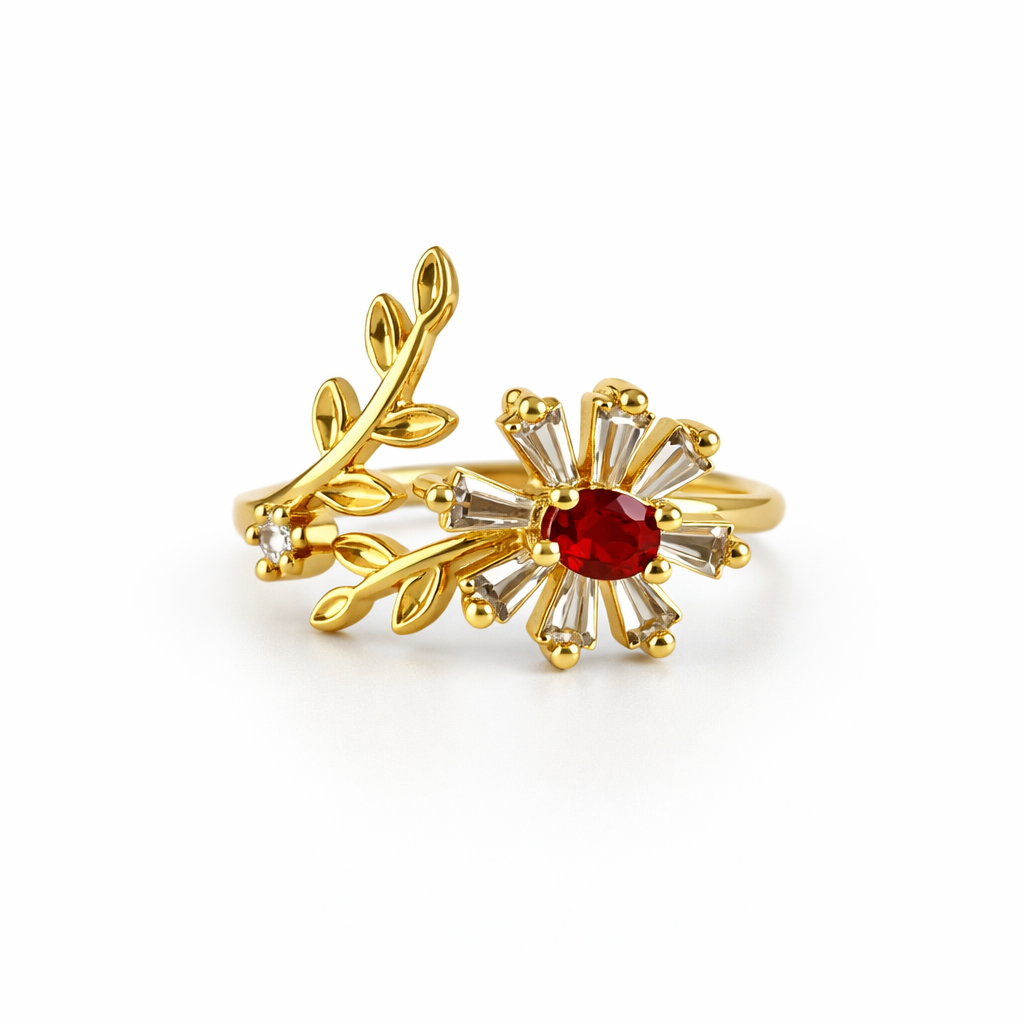 Image of Floral Halo Leaf Adjustable Ring – Gold-Tone with Sparkling Stone Variants