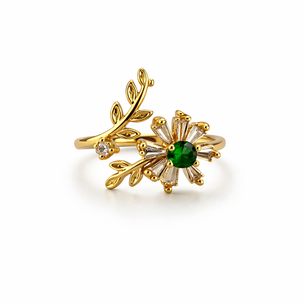 Image of Floral Halo Leaf Adjustable Ring – Gold-Tone with Sparkling Stone Variants
