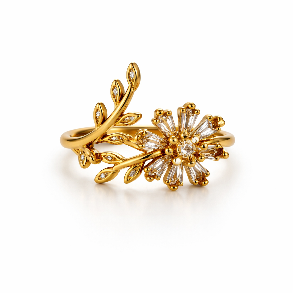 Image of Floral Halo Leaf Adjustable Ring – Gold-Tone with Sparkling Stone Variants