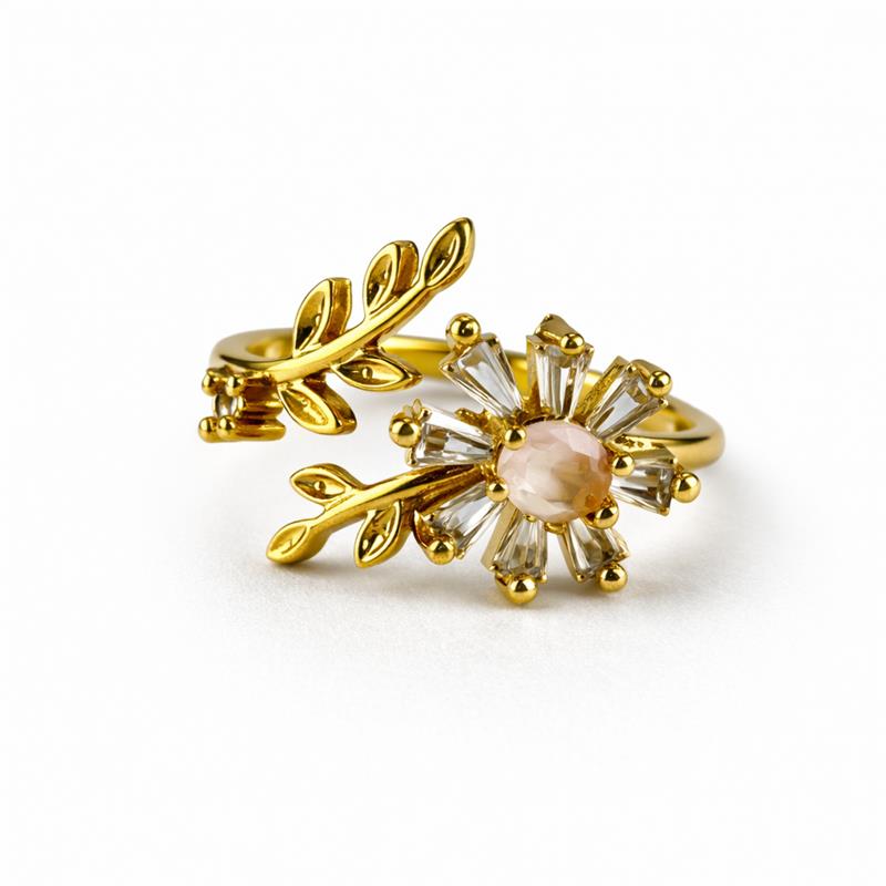 Image of Floral Halo Leaf Adjustable Ring – Gold-Tone with Sparkling Stone Variants