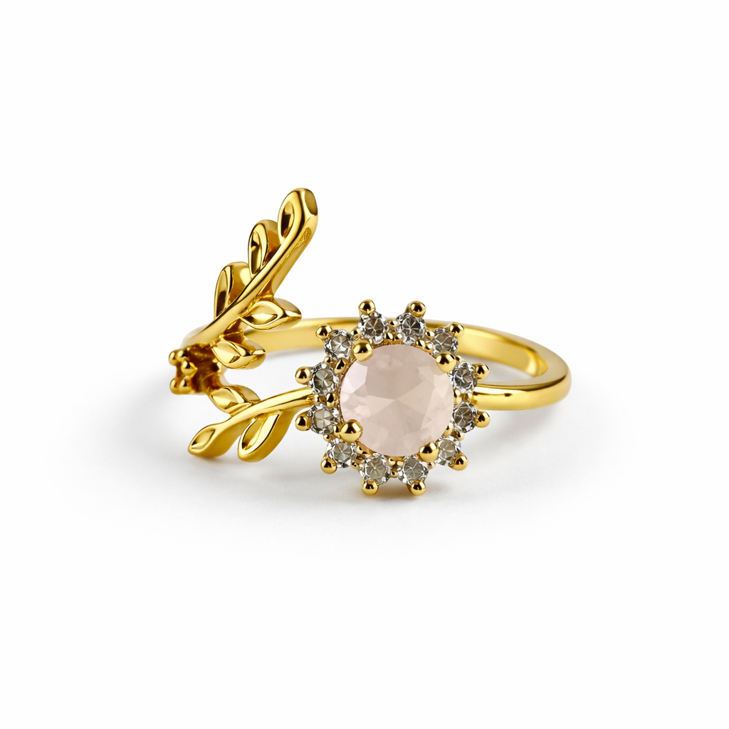 Image of Elegant Leaf Halo Adjustable Gold Ring for Women – Crystal Stone Statement Ring